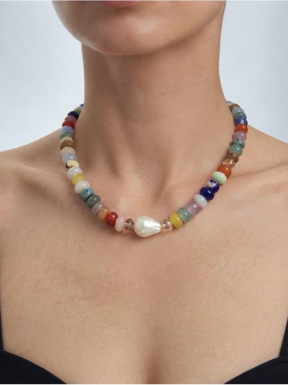 Multicolor Gemstone Necklace with Baroque Pearl